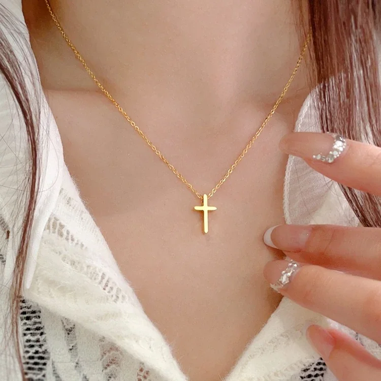 Cross Necklace, Fine Oval Chain, 18K Gold-Plated Stainless Steel