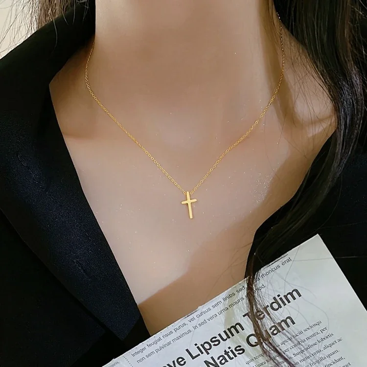 Cross Necklace, Fine Oval Chain, 18K Gold-Plated Stainless Steel