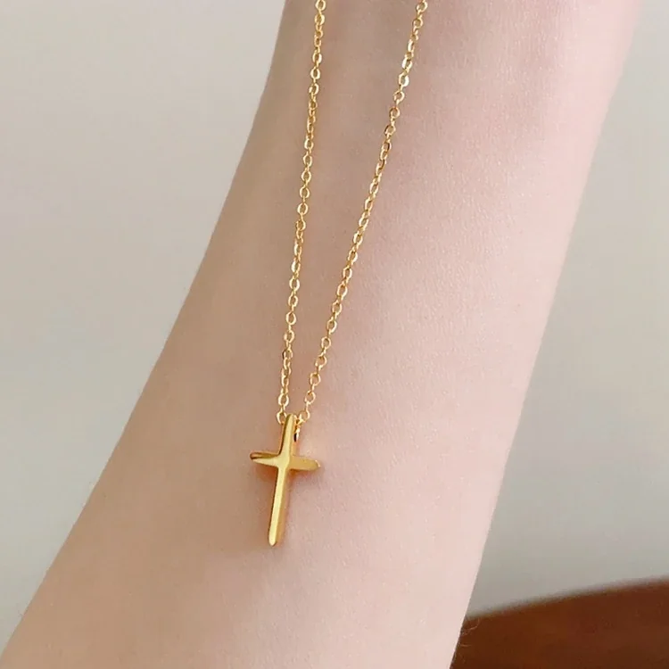 Cross Necklace, Fine Oval Chain, 18K Gold-Plated Stainless Steel