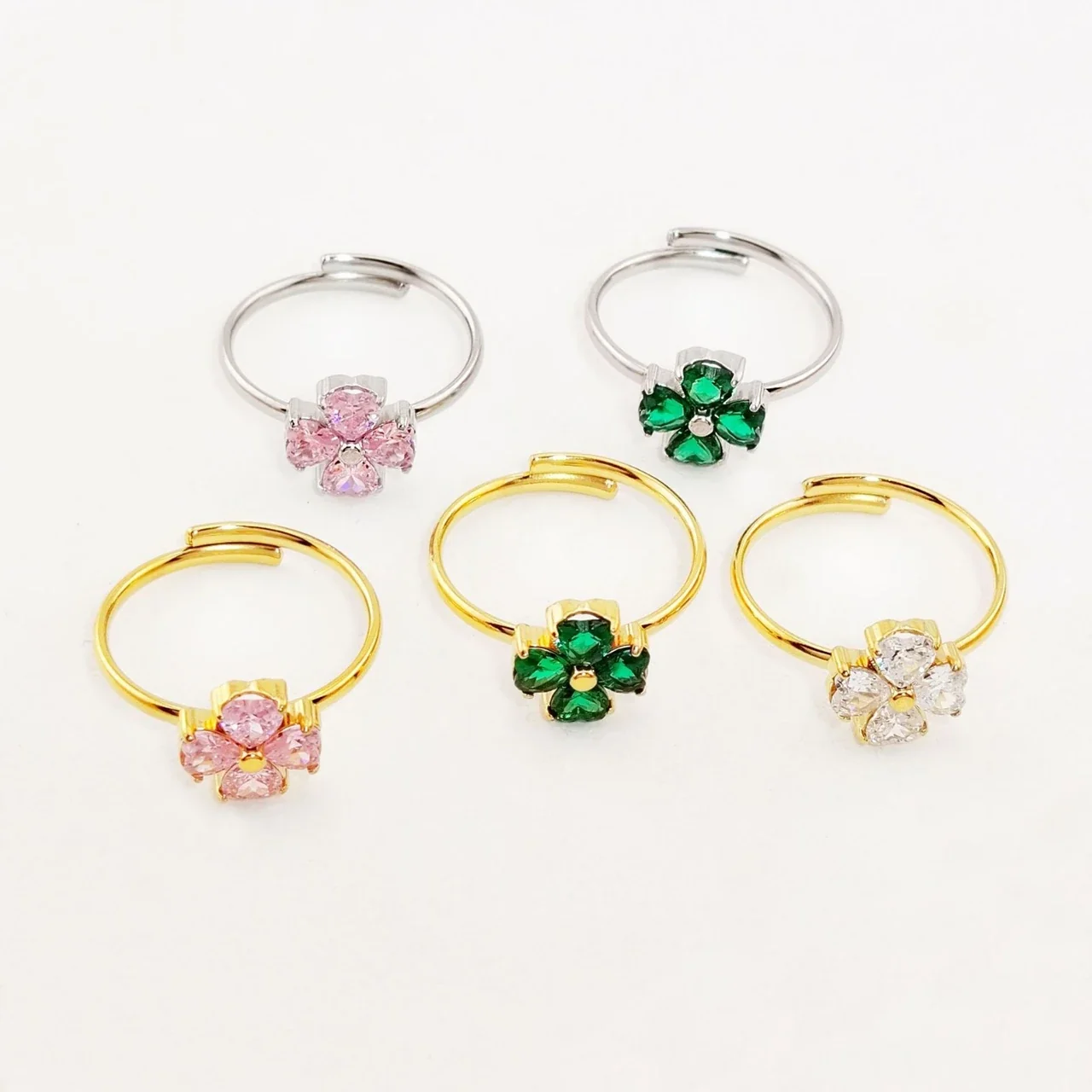 Flower Ring with Heart Petal CZ 316 Stainless Steel Gold PVD