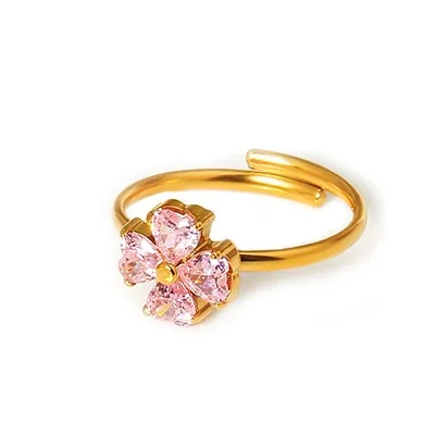 Flower Ring with Heart Petal CZ 316 Stainless Steel Gold PVD - Gold Pink CZ