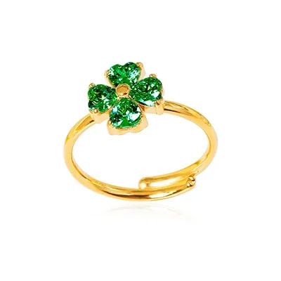 Flower Ring with Heart Petal CZ 316 Stainless Steel Gold PVD - Gold Emerald-Green CZ