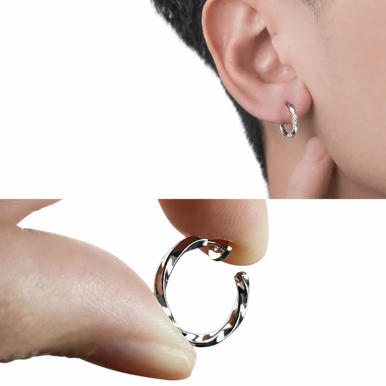 Angular Stainless Steel Twisted Clip-On Hoop Earrings