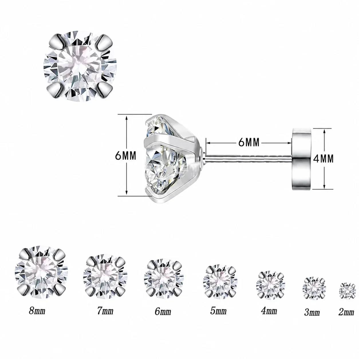 316 Stainless Steel Round CZ Cartilage Stud Earrings