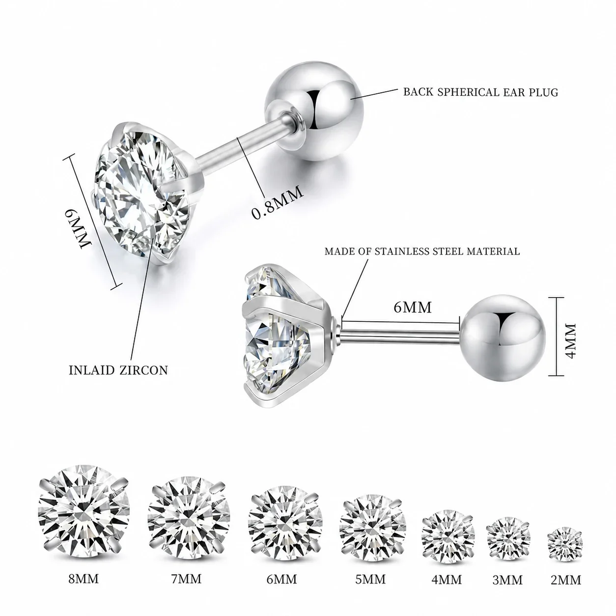 316 Stainless Steel Round CZ Cartilage Stud Earrings