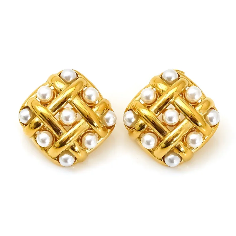 Sculptural Gold-Tone Pearl-Effect Lattice Stud Earrings