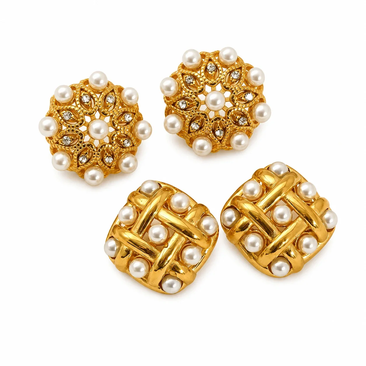 Sculptural Gold-Tone Pearl-Effect Lattice Stud Earrings