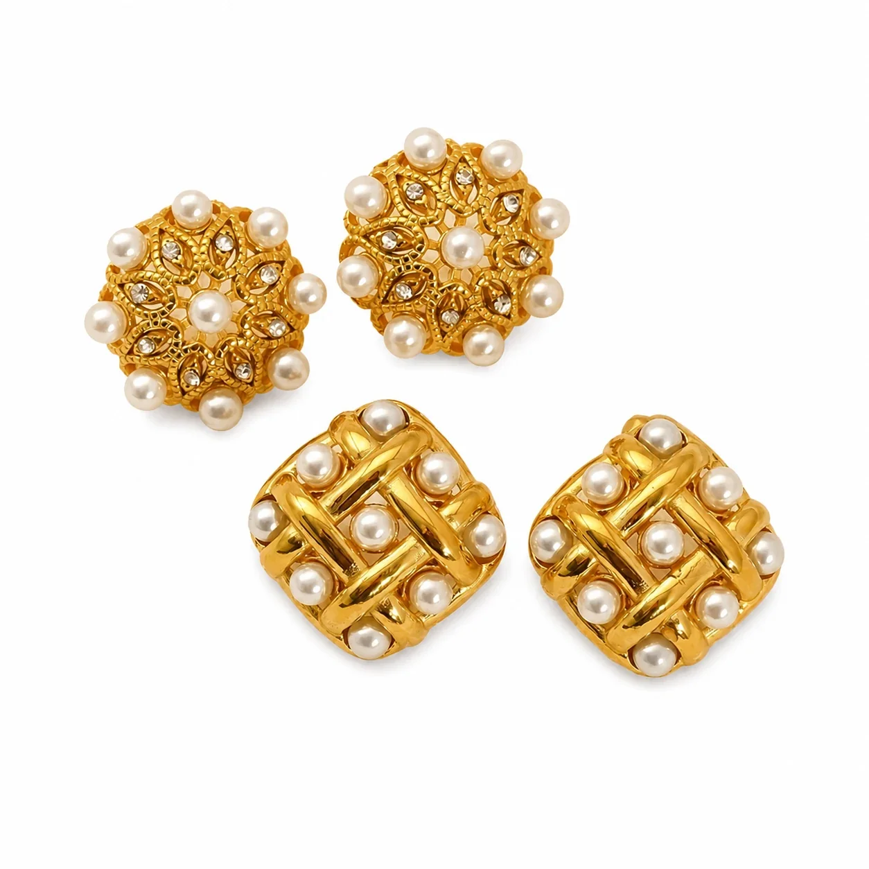 Sculptural Gold-Tone Pearl-Effect Lattice Stud Earrings