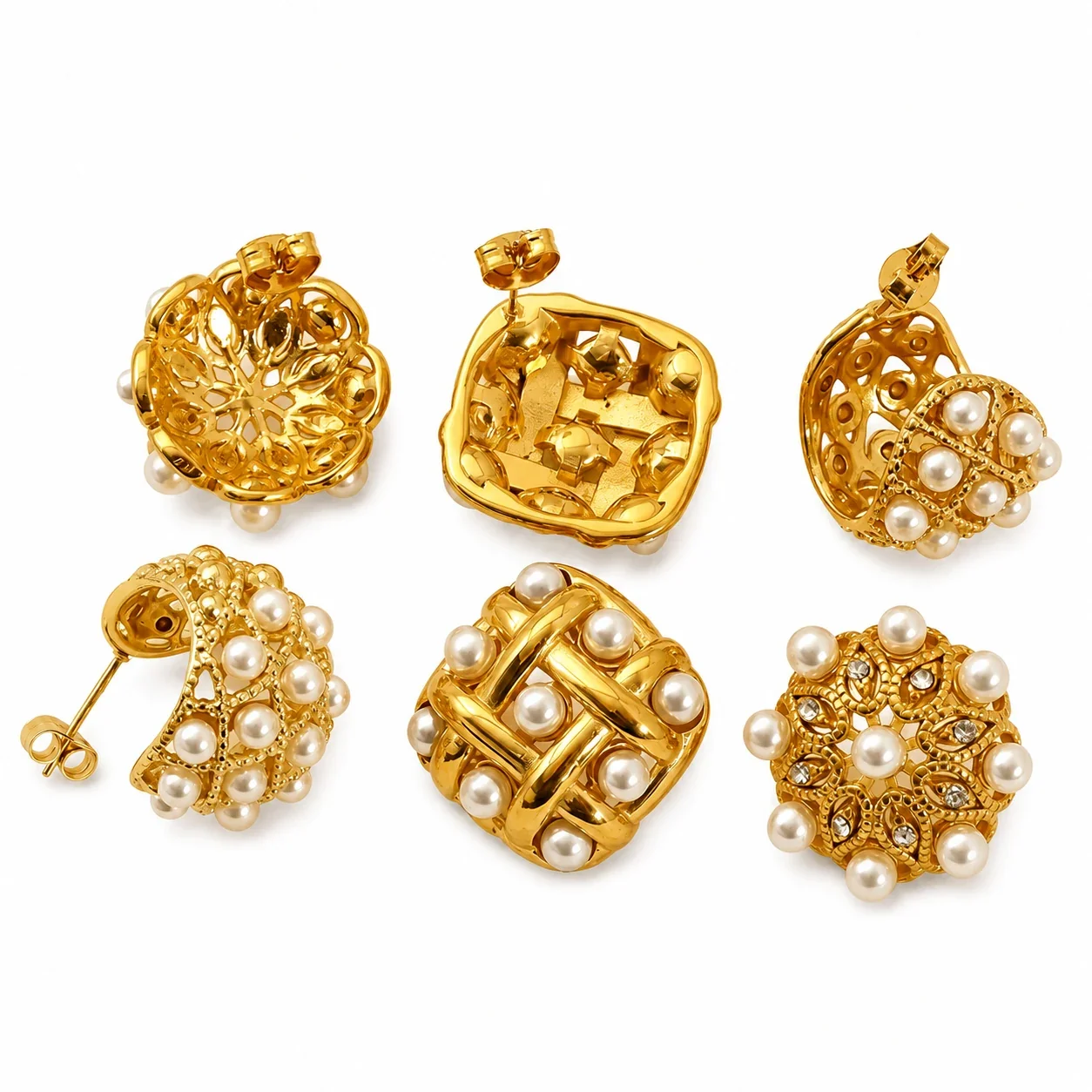 Sculptural Gold-Tone Pearl-Effect Lattice Stud Earrings