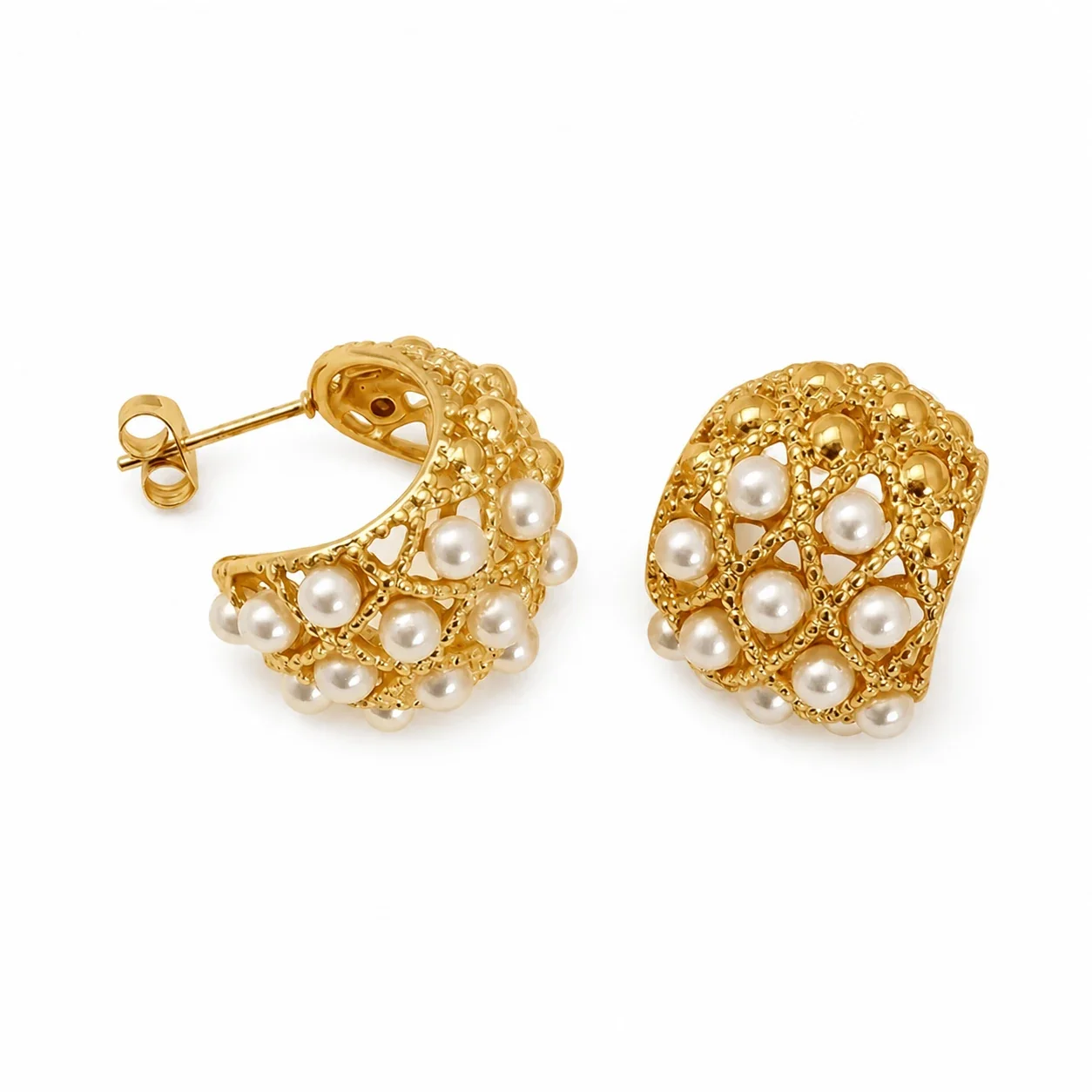 Sculptural Gold-Tone Pearl-Effect Lattice Stud Earrings