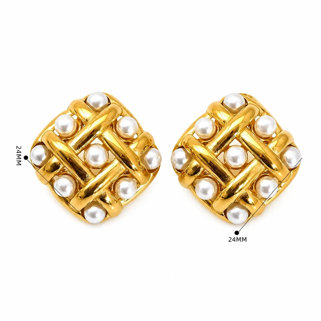 Sculptural Gold-Tone Pearl-Effect Lattice Stud Earrings - Gold Square Lattice Pearl-Effect