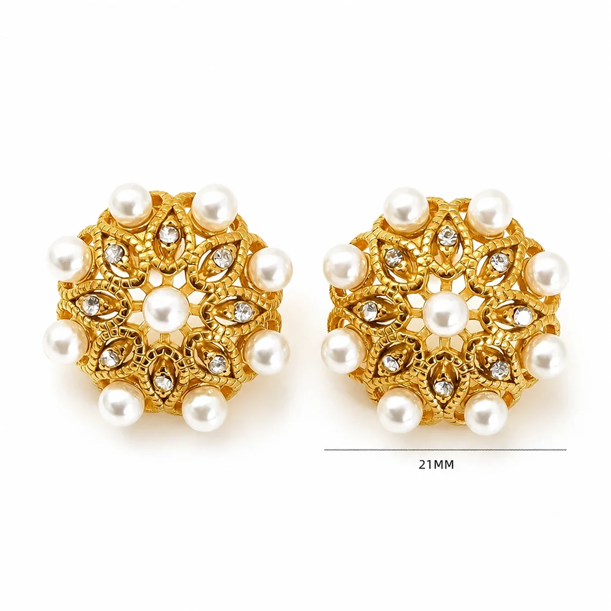 Sculptural Gold-Tone Pearl-Effect Lattice Stud Earrings - Gold Round Floral Pearl-Effect