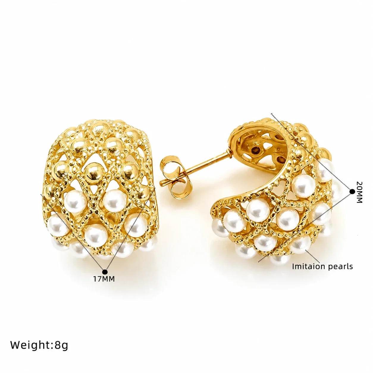 Sculptural Gold-Tone Pearl-Effect Lattice Stud Earrings - Gold Curved Openwork Pearl-Effect