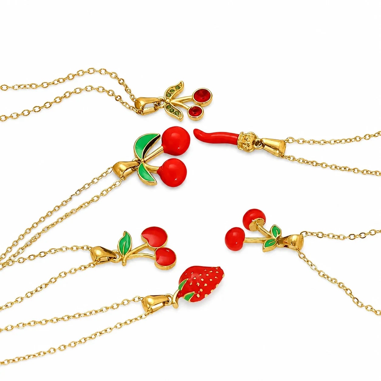 Playful Gold-Tone Red Enamel Fruit Cable Chain Necklace