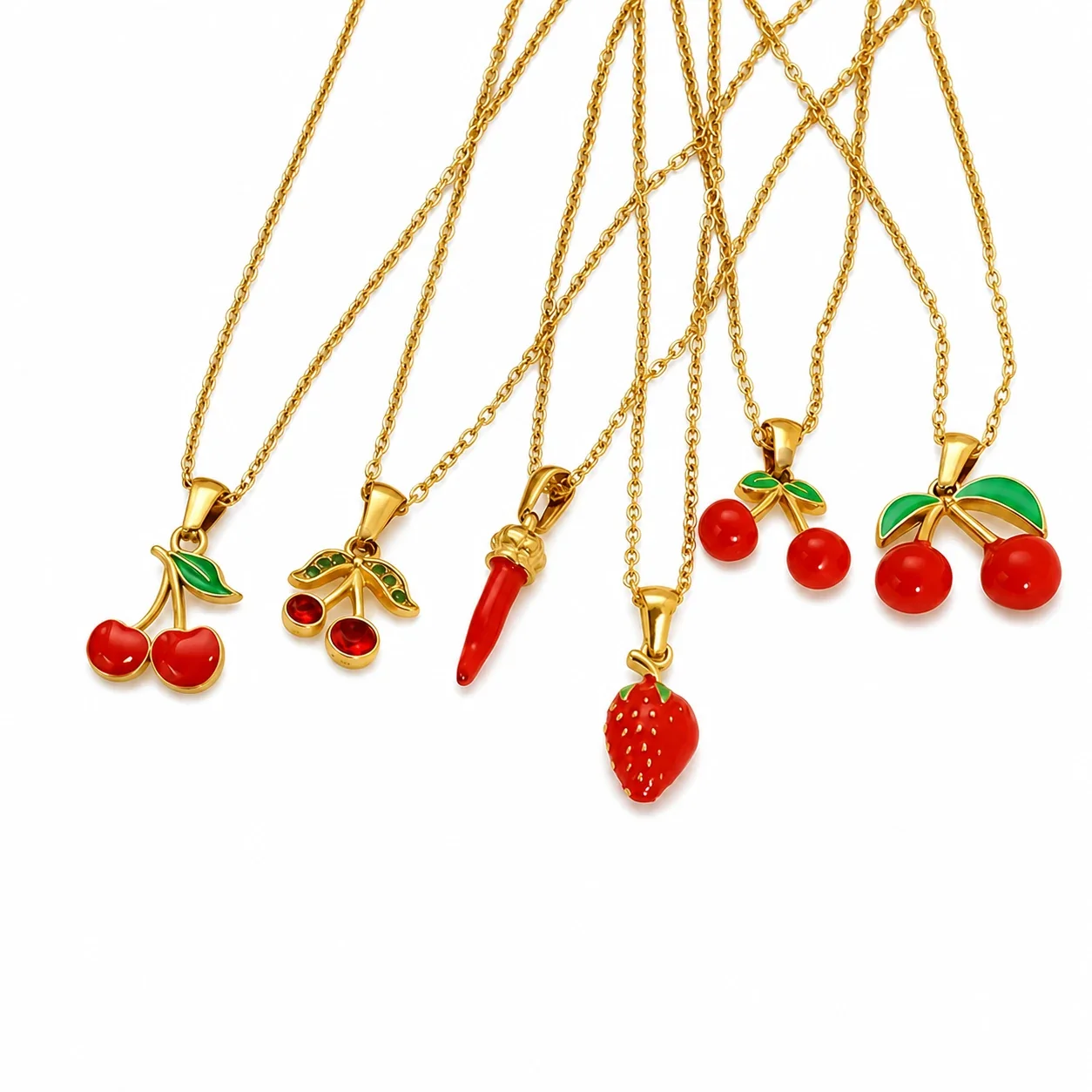 Playful Gold-Tone Red Enamel Fruit Cable Chain Necklace
