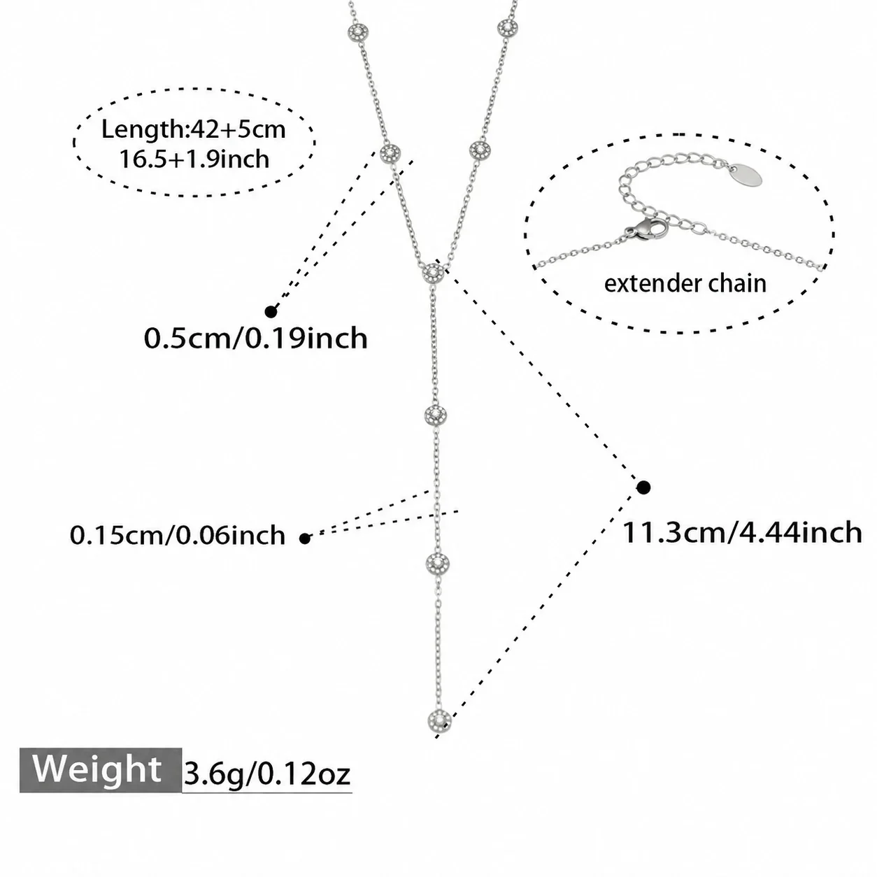 Delicate CZ Star Teardrop 316L Stainless Steel Y Necklace - Silver Round CZ 42+5 cm
