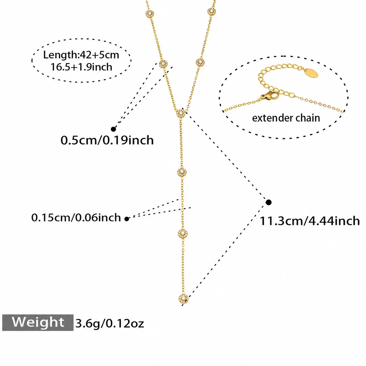 Delicate CZ Star Teardrop 316L Stainless Steel Y Necklace - Gold Round CZ 42+5 cm
