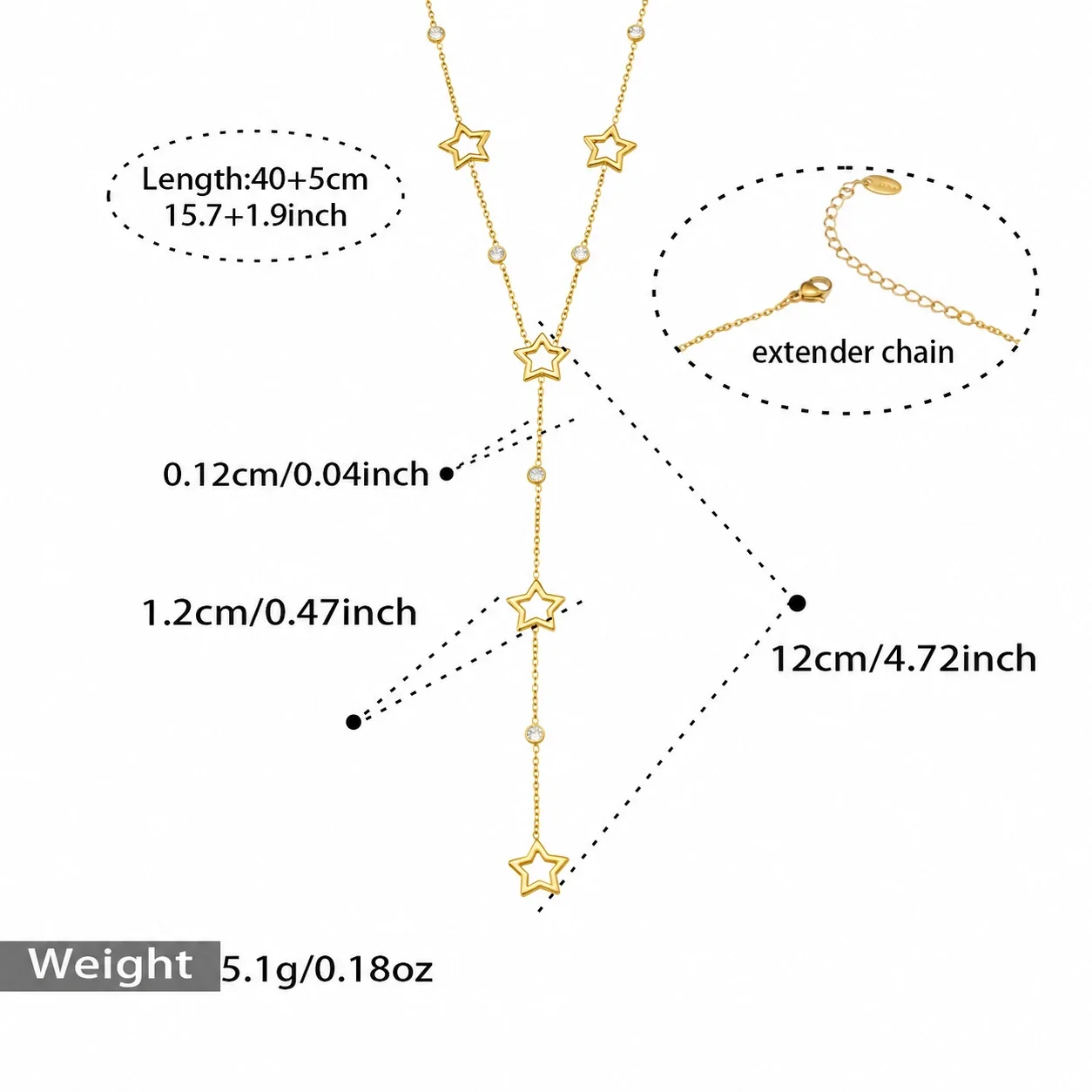 Delicate CZ Star Teardrop 316L Stainless Steel Y Necklace - Gold Star CZ 40+5 cm