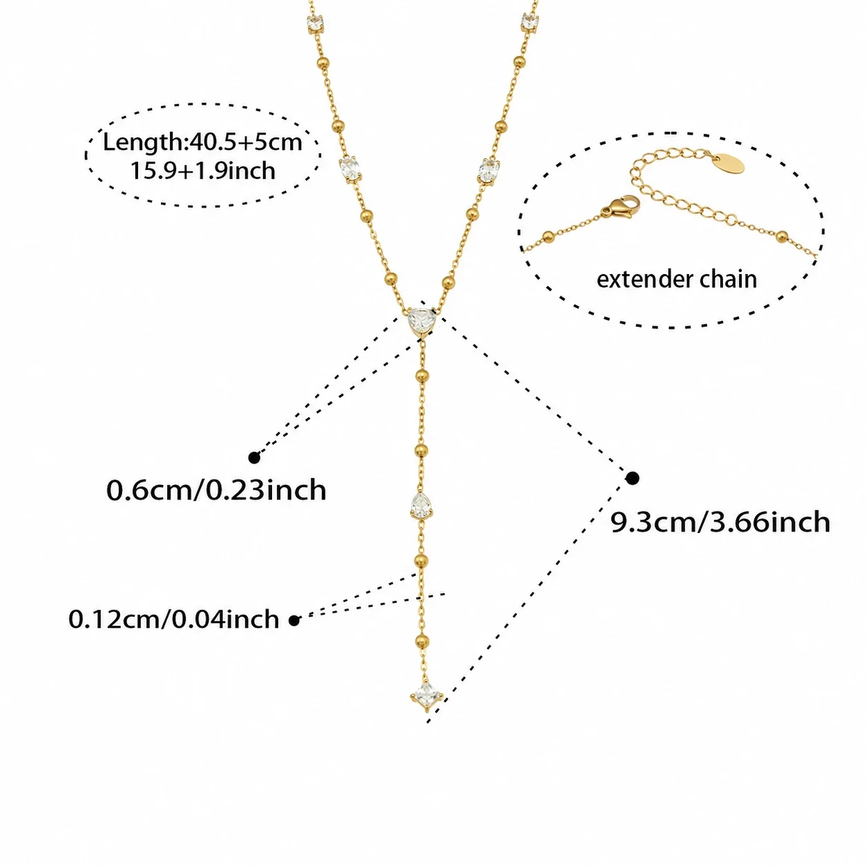 Delicate CZ Star Teardrop 316L Stainless Steel Y Necklace - Gold Teardrop CZ 40.5+5 cm