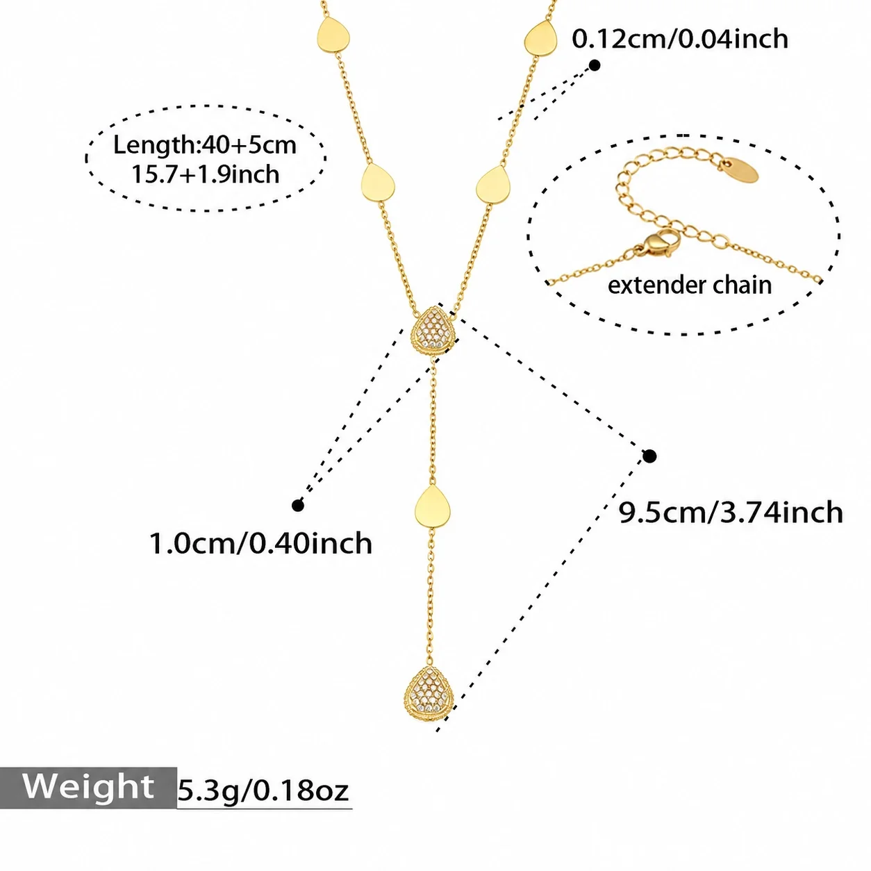 Delicate CZ Star Teardrop 316L Stainless Steel Y Necklace - Gold Teardrop CZ 40+5 cm