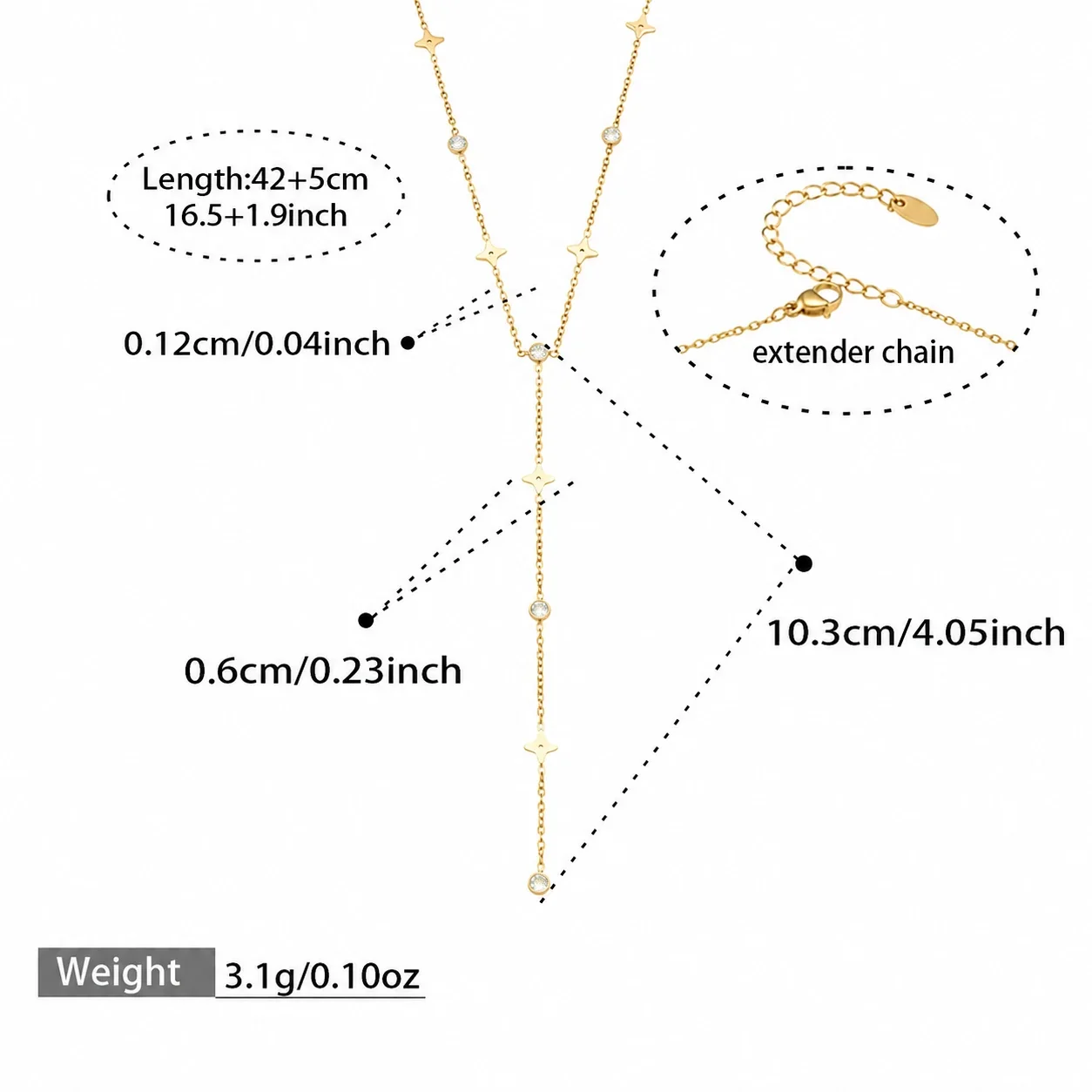 Delicate CZ Star Teardrop 316L Stainless Steel Y Necklace - Gold CZ 42+5 cm