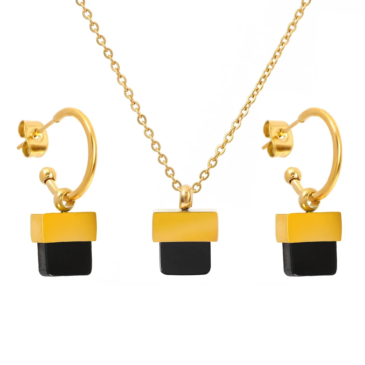 Artful Gold-Plated Stainless Steel Square Stone Hoop Jewelry Set