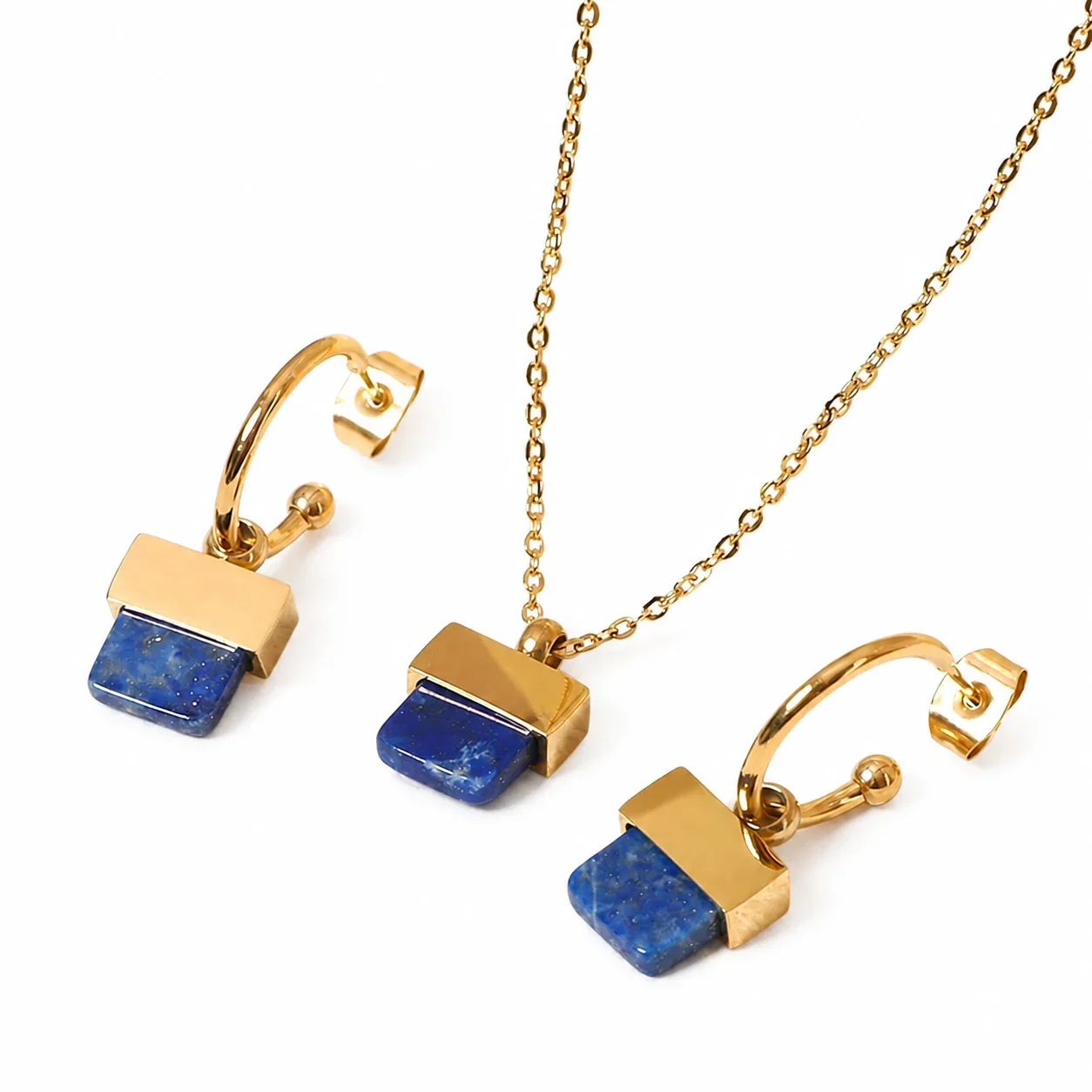 Artful Gold-Plated Stainless Steel Square Stone Hoop Jewelry Set