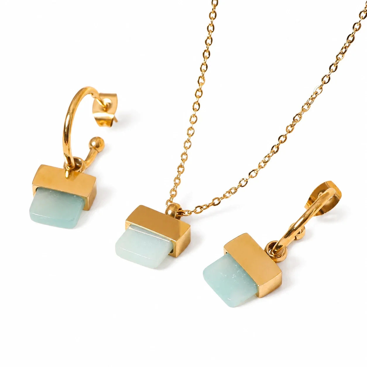 Artful Gold-Plated Stainless Steel Square Stone Hoop Jewelry Set