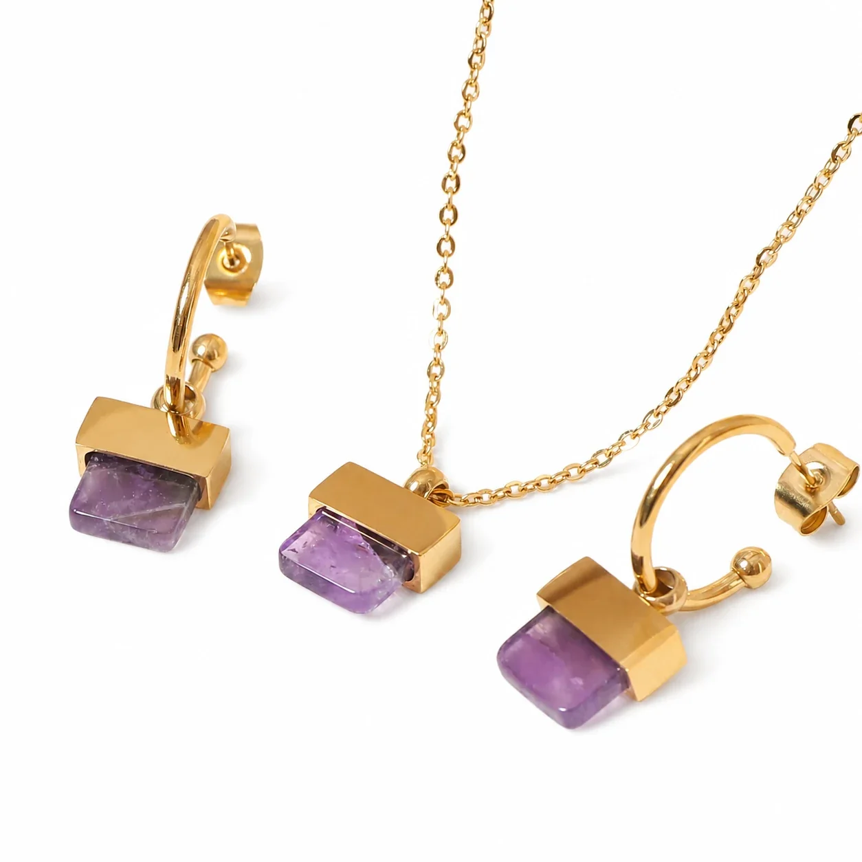 Artful Gold-Plated Stainless Steel Square Stone Hoop Jewelry Set