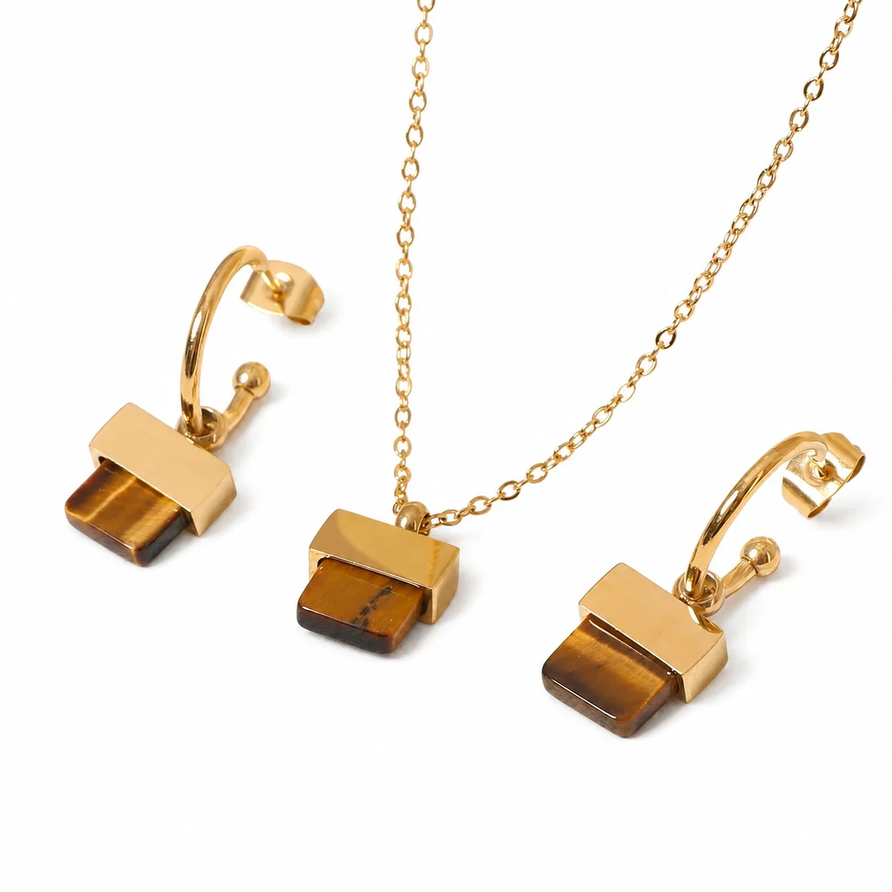 Artful Gold-Plated Stainless Steel Square Stone Hoop Jewelry Set
