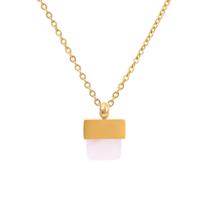 Artful Gold-Plated Stainless Steel Square Stone Hoop Jewelry Set - Rose Quartz
