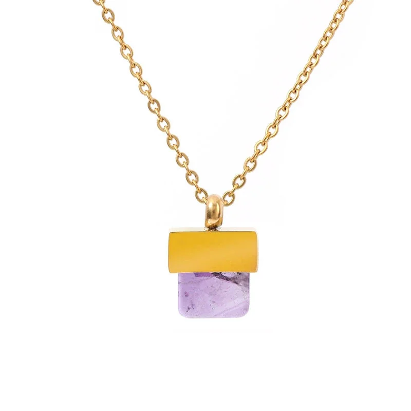 Artful Gold-Plated Stainless Steel Square Stone Hoop Jewelry Set - Amethyst