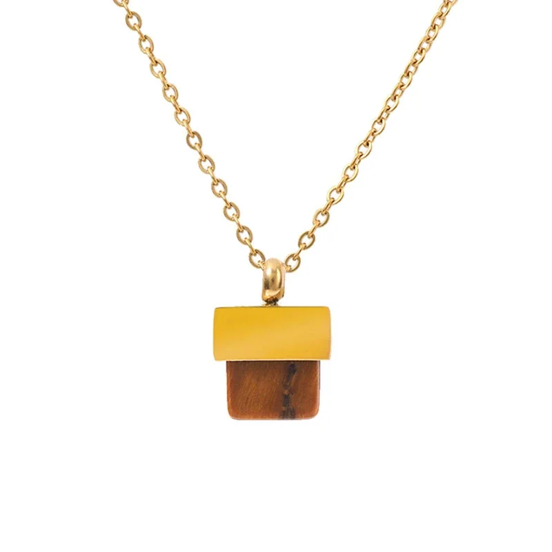 Artful Gold-Plated Stainless Steel Square Stone Hoop Jewelry Set - Tiger Eye