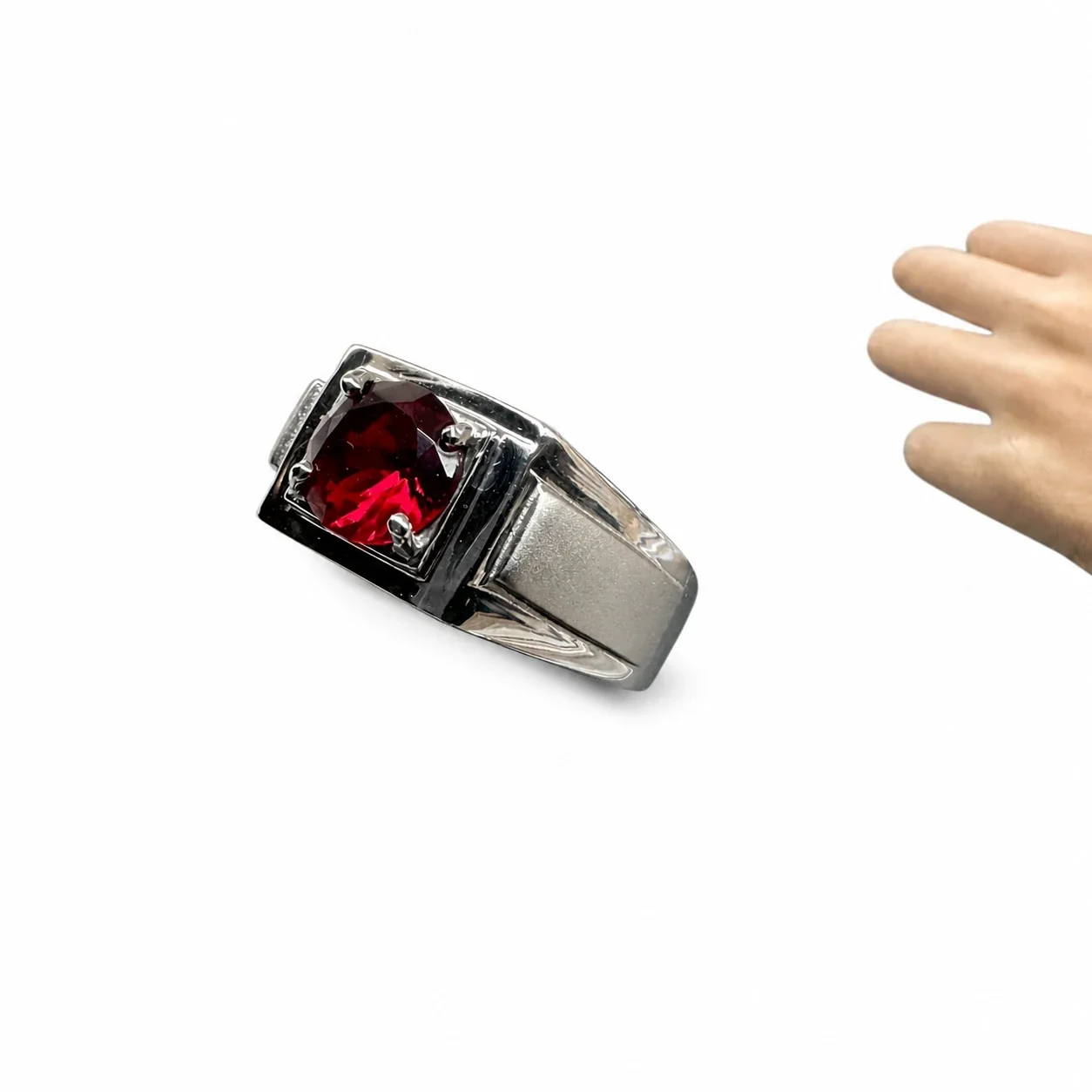 Bold 316 Stainless Steel Round CZ Signet Ring - Red Sandblasted