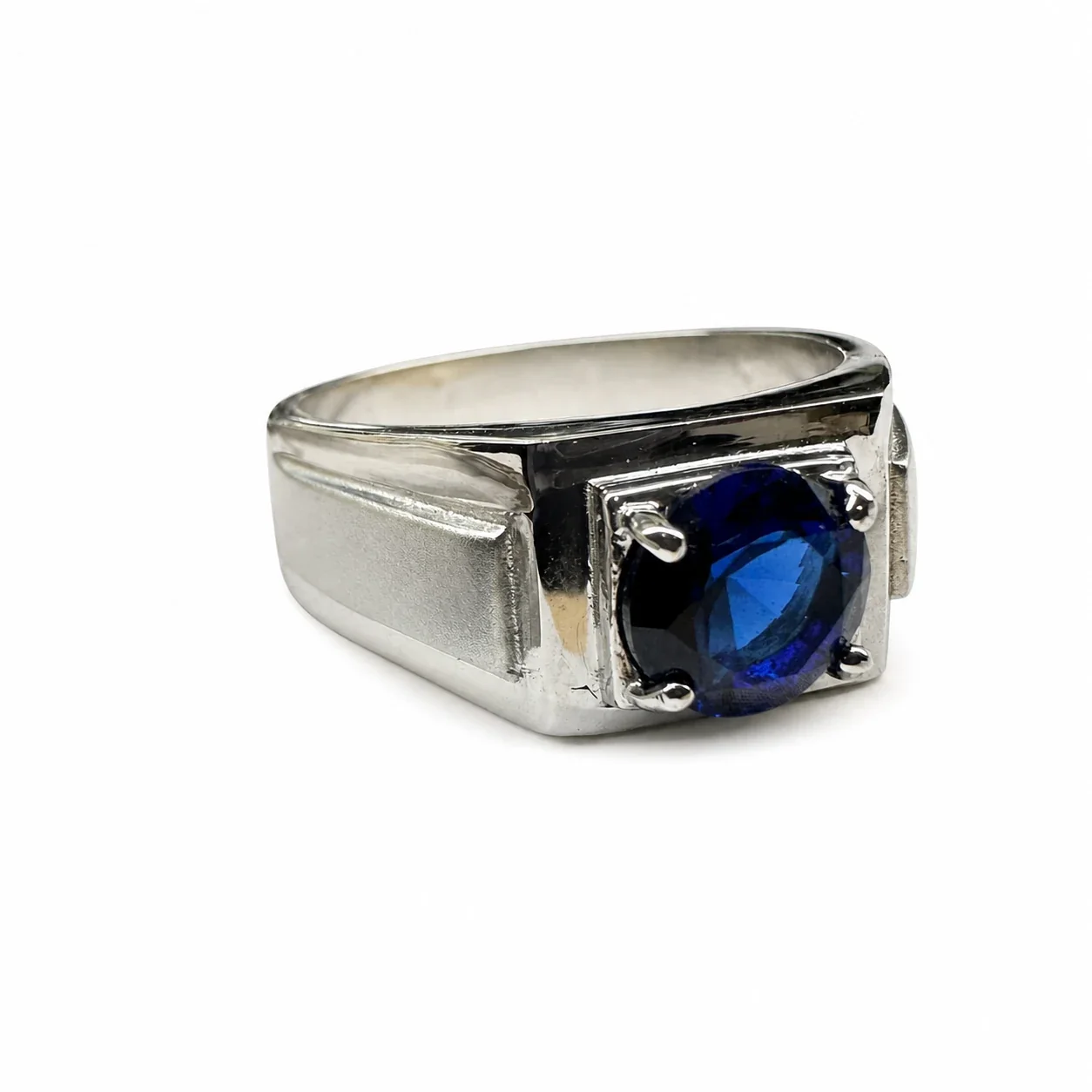 Bold 316 Stainless Steel Round CZ Signet Ring - Blue Sandblasted