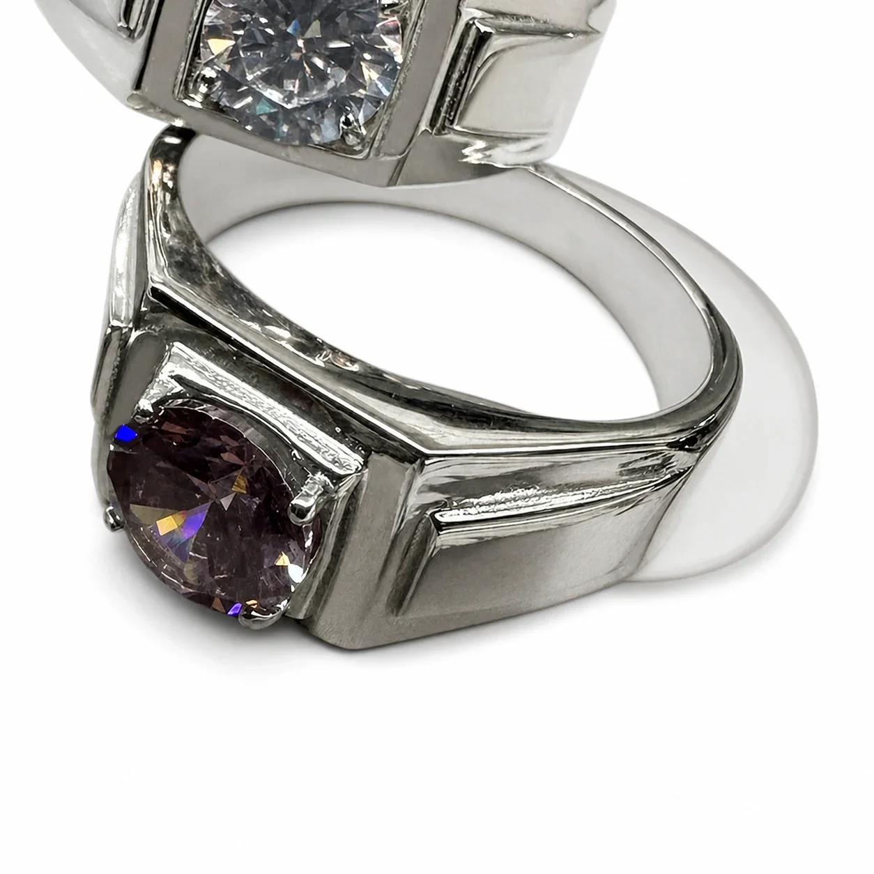 Bold 316 Stainless Steel Round CZ Signet Ring - Purple Sandblasted