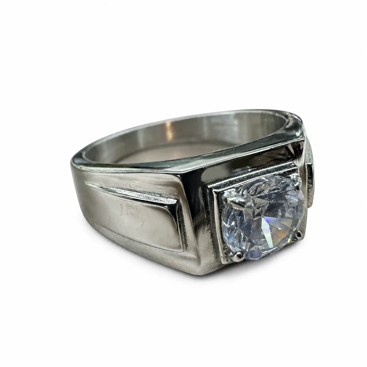 Bold 316 Stainless Steel Round CZ Signet Ring - Clear Sandblasted
