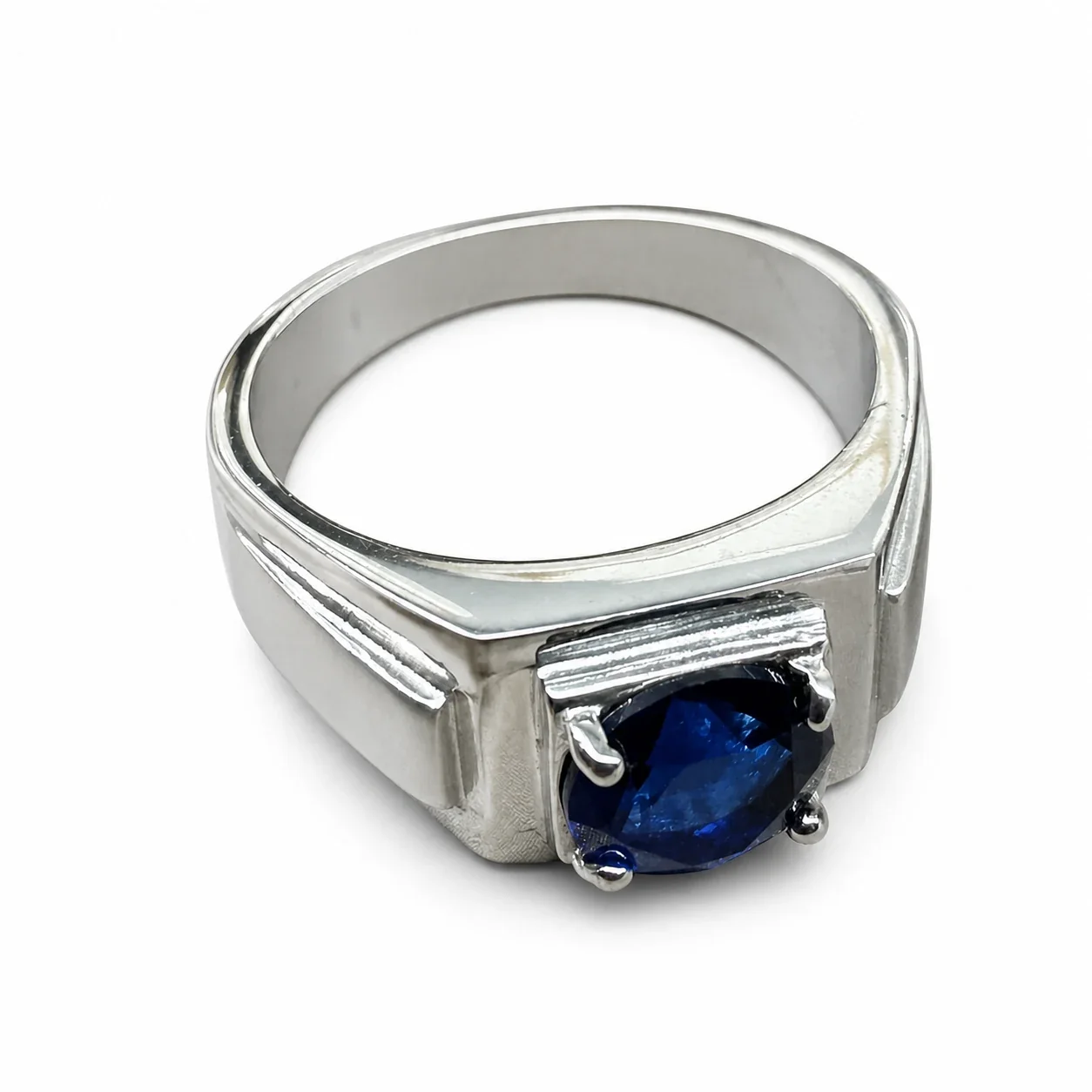 Bold 316 Stainless Steel Round CZ Signet Ring - Blue Polished