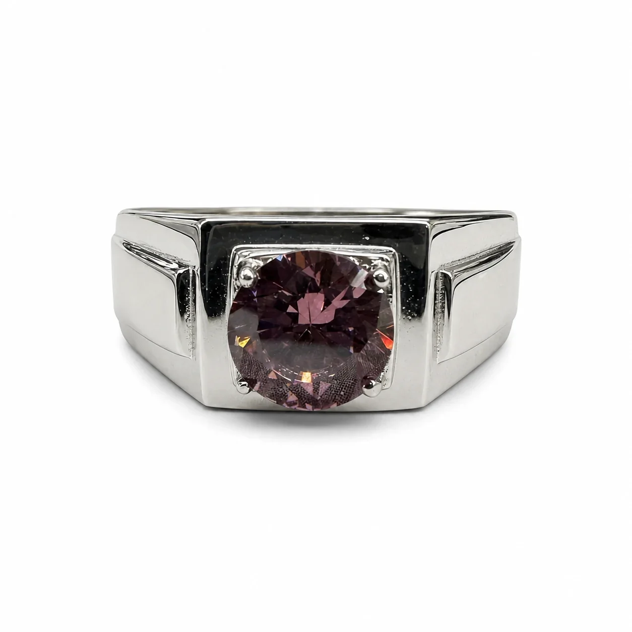 Bold 316 Stainless Steel Round CZ Signet Ring - Purple Polished