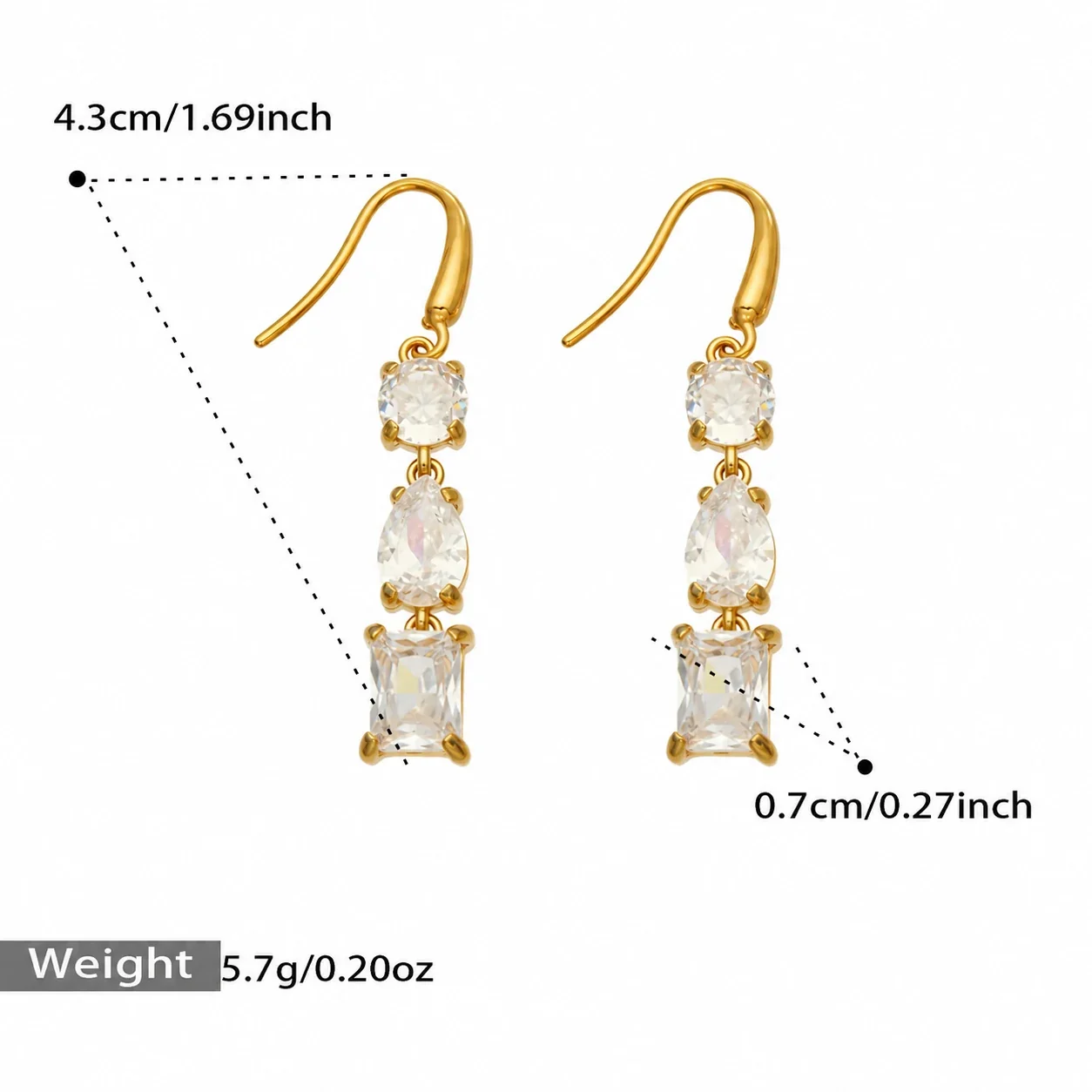 Oorhangers met drie zirkonia's in gemengde slijpvormen, goudkleurig verguld productfoto