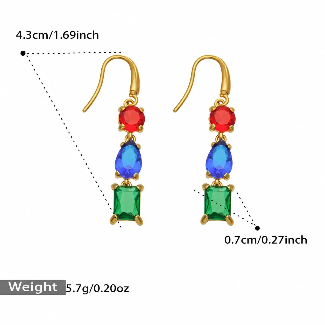 Oorhangers met drie zirkonia's in gemengde slijpvormen, goudkleurig verguld productfoto