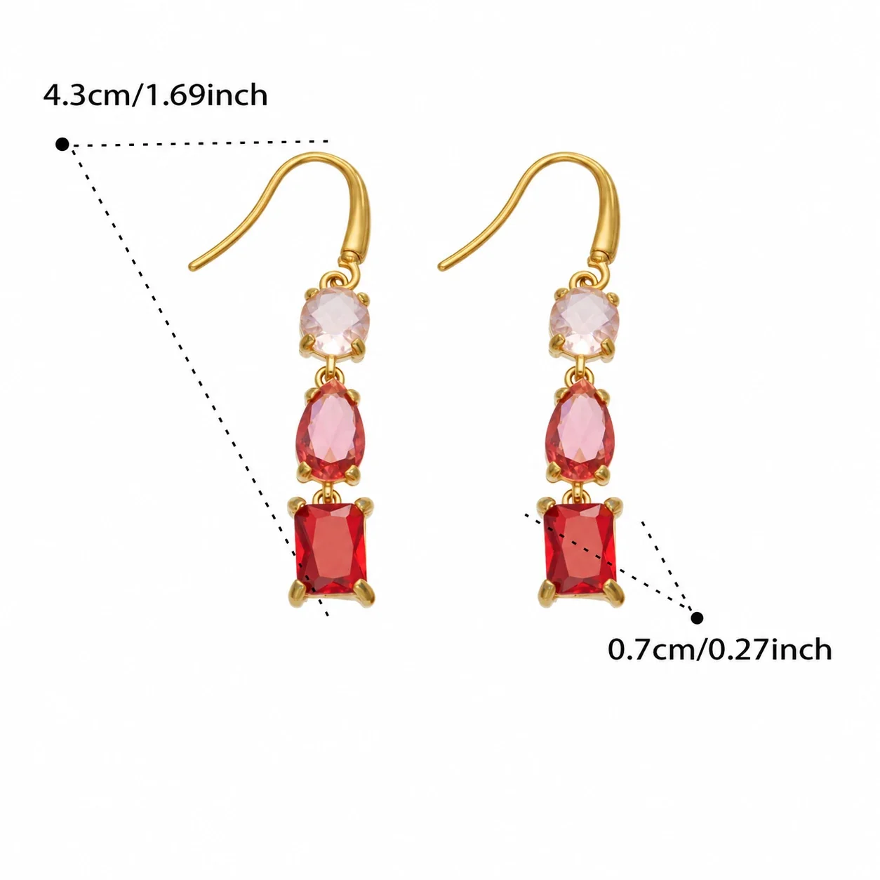 Oorhangers met drie zirkonia's in gemengde slijpvormen, goudkleurig verguld productfoto