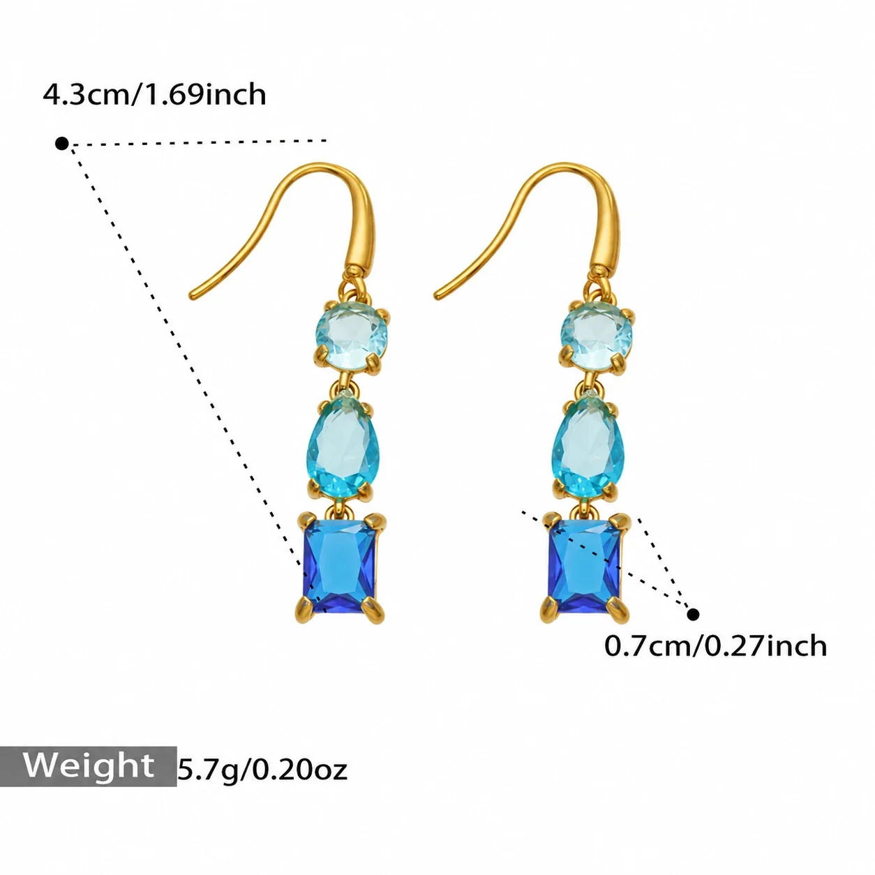 Oorhangers met drie zirkonia's in gemengde slijpvormen, goudkleurig verguld productfoto