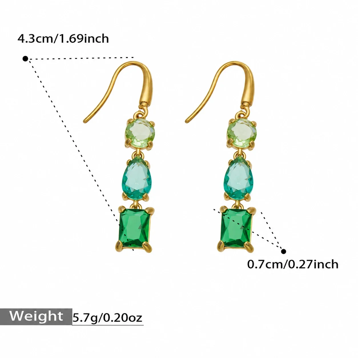 Oorhangers met drie zirkonia's in gemengde slijpvormen, goudkleurig verguld productfoto