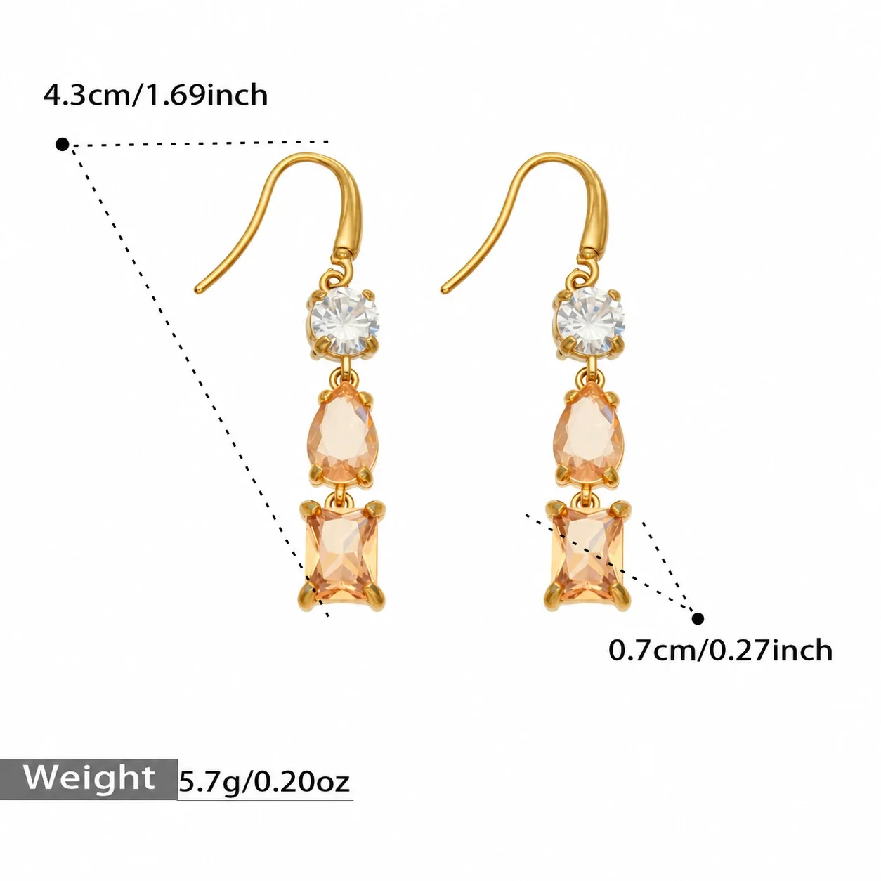 Oorhangers met drie zirkonia's in gemengde slijpvormen, goudkleurig verguld productfoto