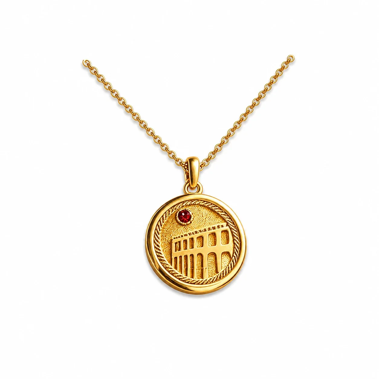 Roman Coin Red Crystal 18K Gold-Plated 316 Stainless Steel Necklace