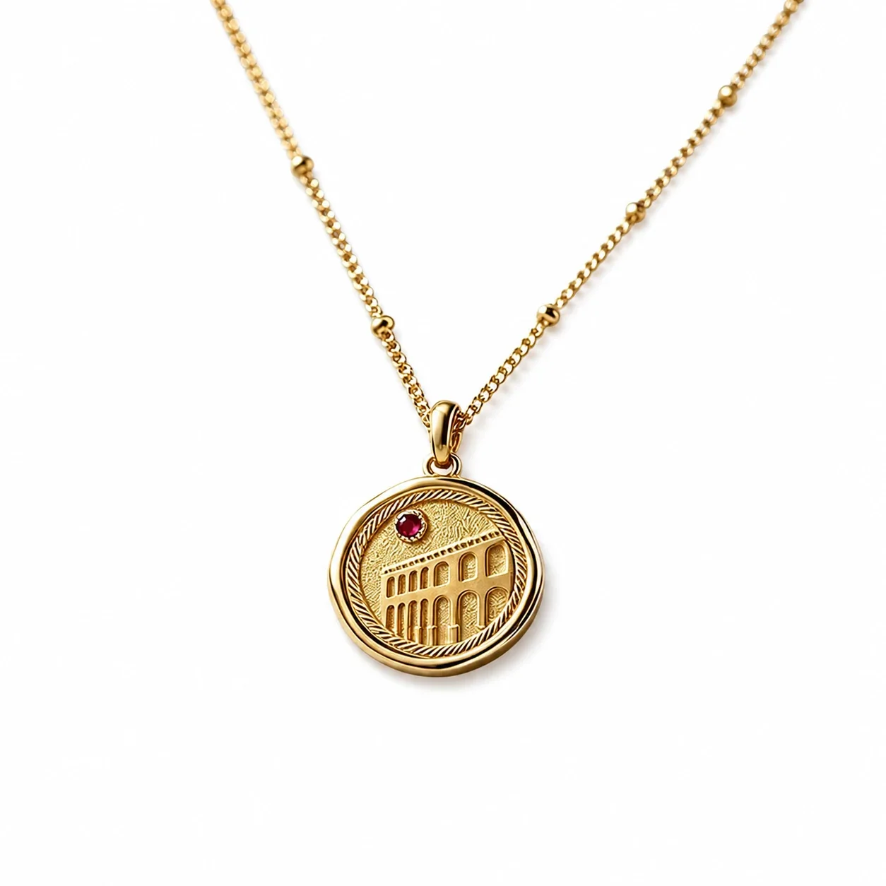 Roman Coin Red Crystal 18K Gold-Plated 316 Stainless Steel Necklace