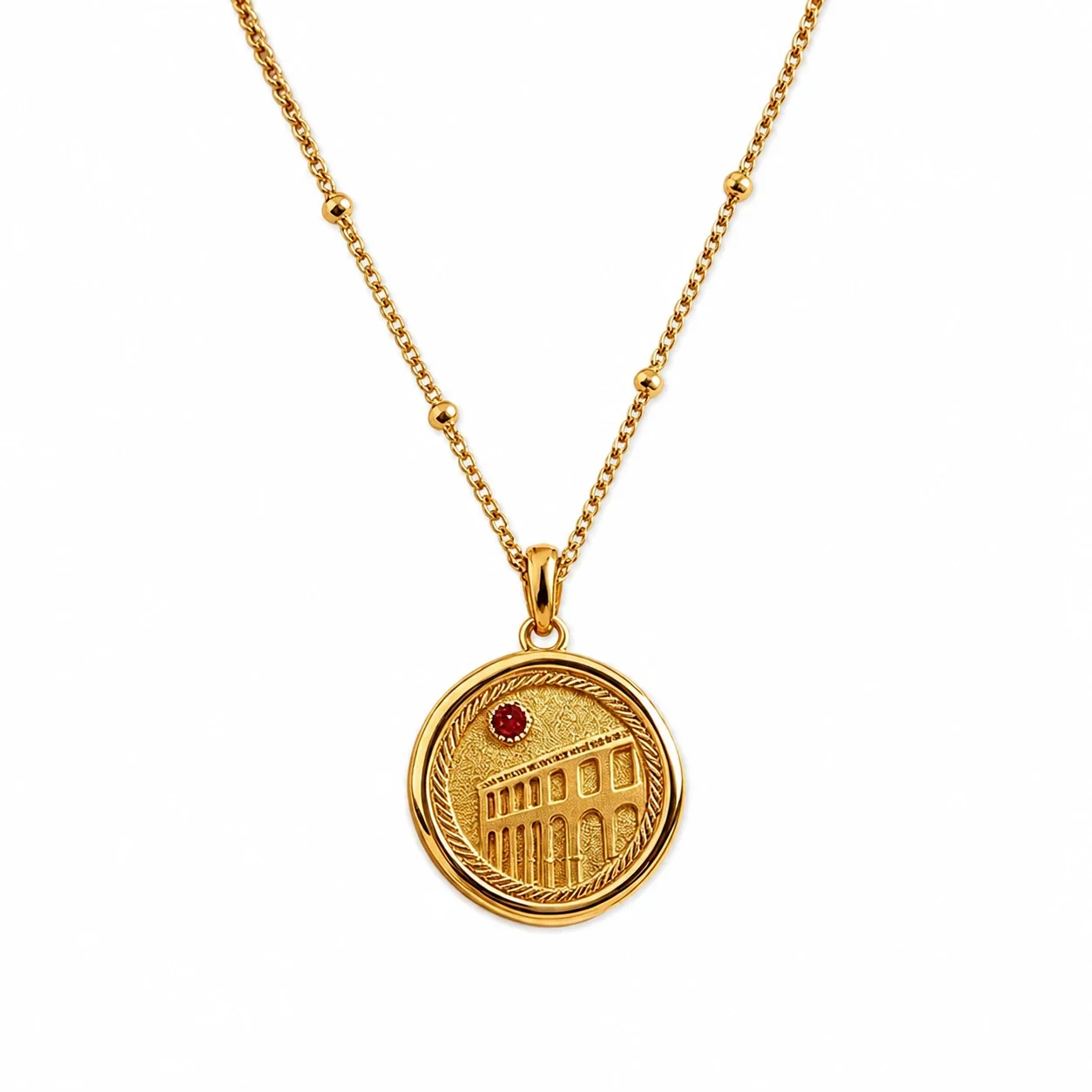 Roman Coin Red Crystal 18K Gold-Plated 316 Stainless Steel Necklace