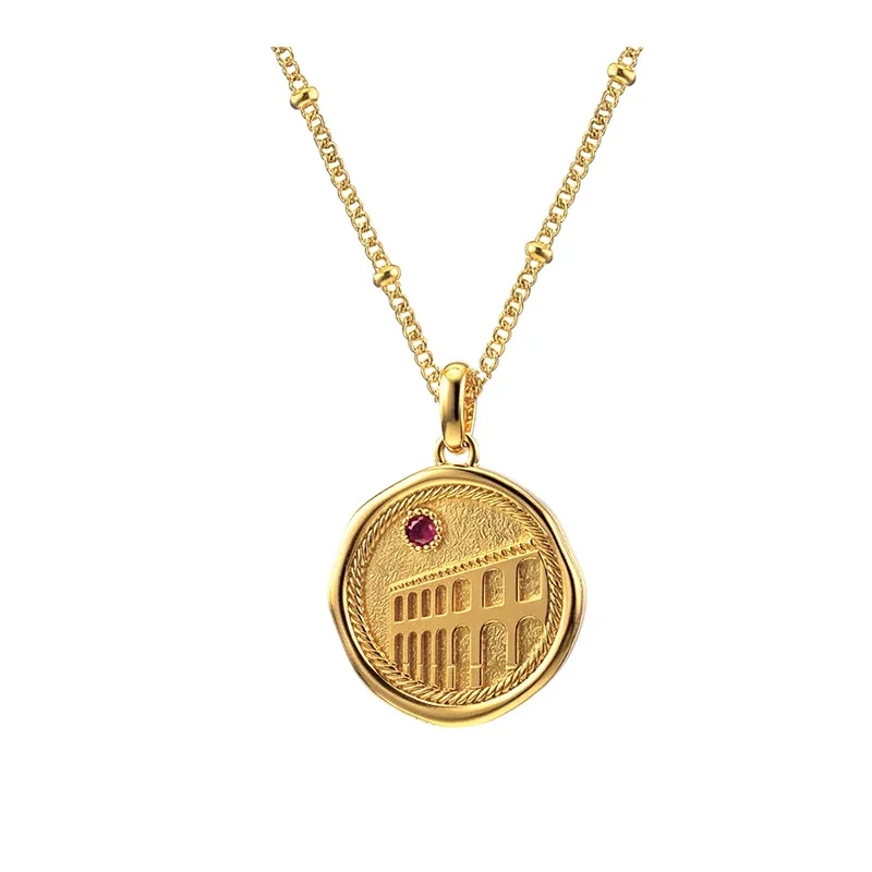 Roman Coin Red Crystal 18K Gold-Plated 316 Stainless Steel Necklace