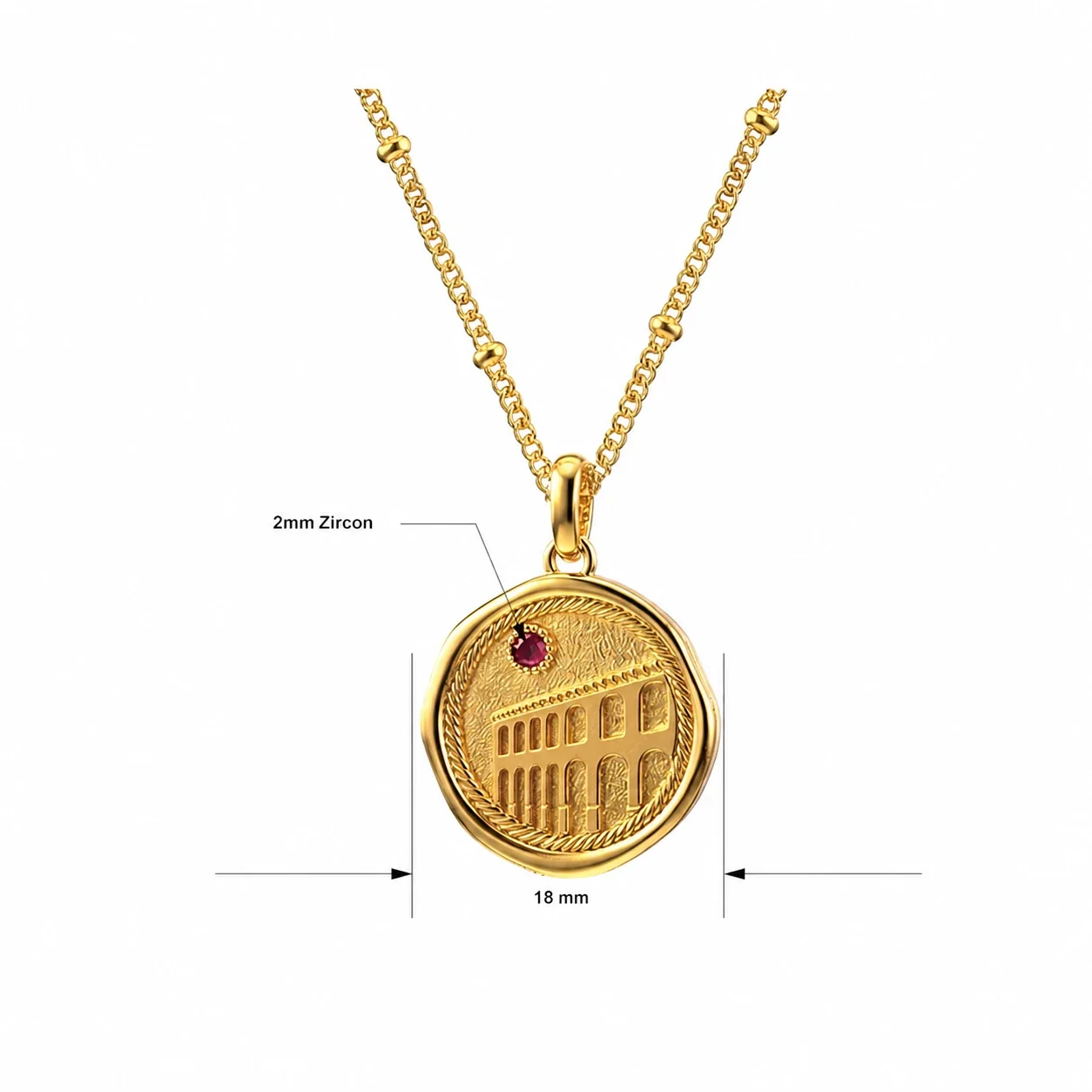 Roman Coin Red Crystal 18K Gold-Plated 316 Stainless Steel Necklace - Gold